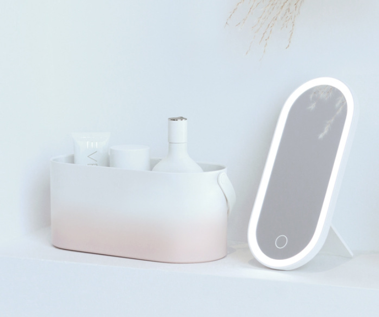 Miroir de Bureau LED Portable avec Rangement Pratique pour Cosmétiques