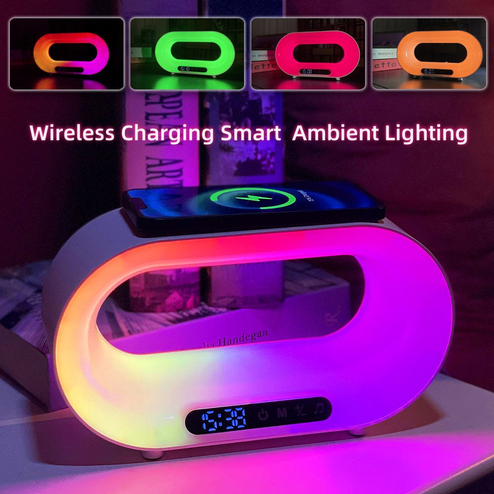 Lampe de Bureau LED RGB 3-en-1 avec Chargeur Sans Fil et Réveil