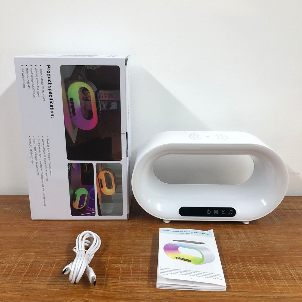 Lampe de Bureau LED RGB 3-en-1 avec Chargeur Sans Fil et Réveil