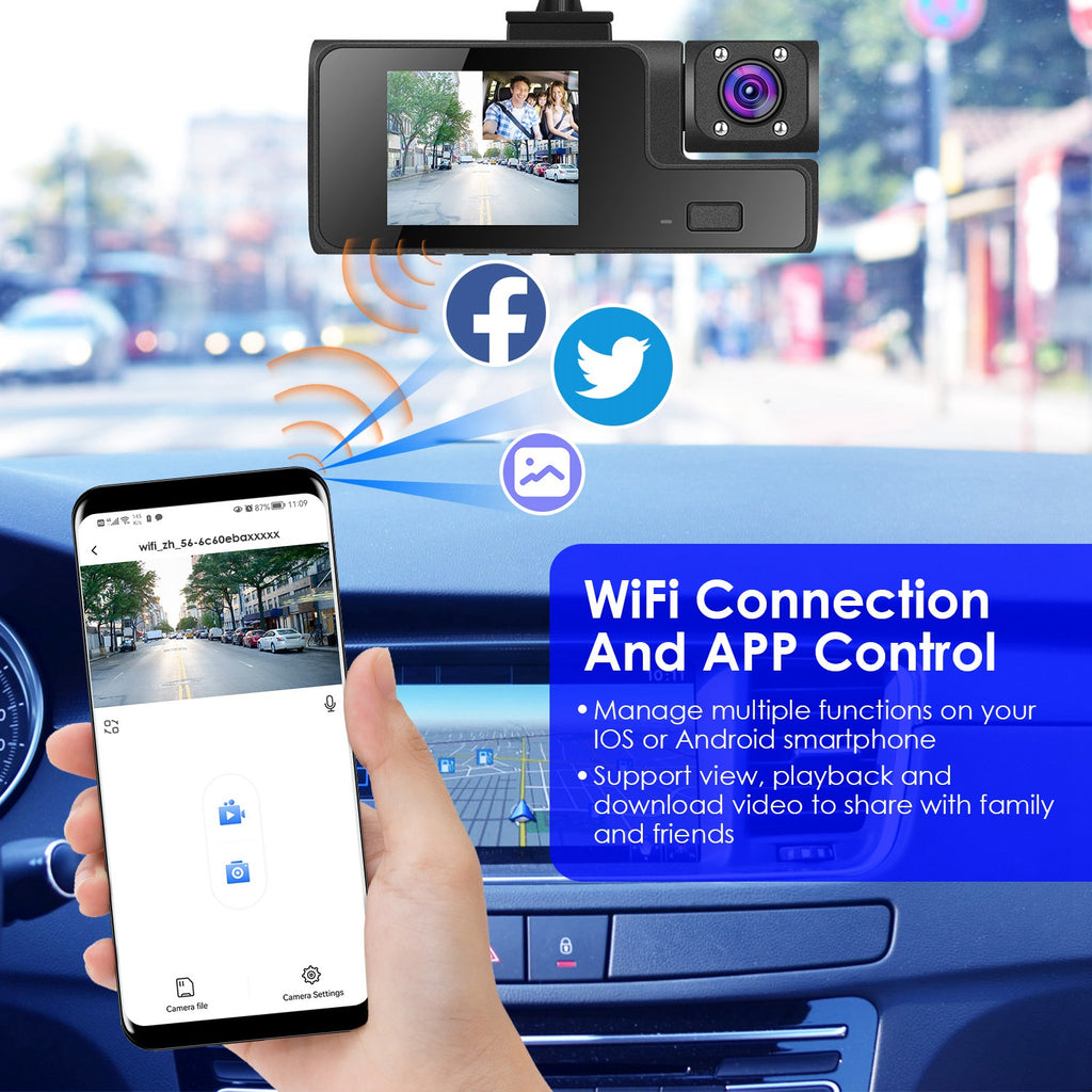 Caméra Dash Auto WiFi FHD 1080P 3 Canaux - Sécurité et Confort